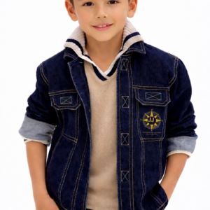 Boy wearing a dark indigo denim jacket with contrast stitching and magnets over a beige sweater.