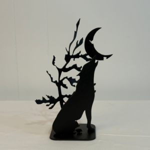 Wolf on stand with Crescent Moon and Wind Blown Tree