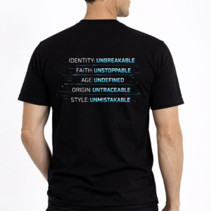 Unbreakable Identity graphic t-shirt by Quantum State Apparel featuring futuristic statement design: Identity Unbreakable, Faith Unstoppable, Age Undefined. Premium heavy cotton inspirational shirt.